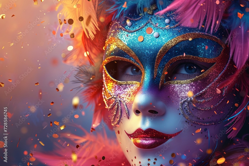 background for new year carnaval party poster, flat colors, intense, computer graphics, realistic sharp, 8K uhd image shot.