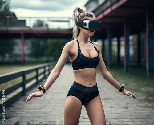 Girl exercising outdoors with a virtual reality headset for the first time © Marharyta