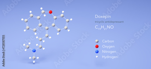 doxepin molecule, molecular structures, tricyclic antidepressant, 3d model, Structural Chemical Formula and Atoms with Color Coding photo