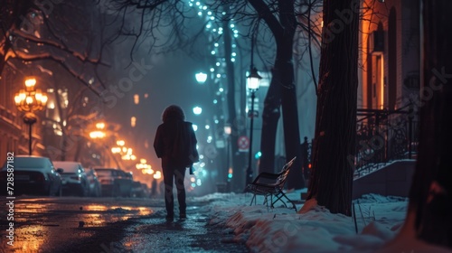 Person Walking Down a Snowy Street at Night