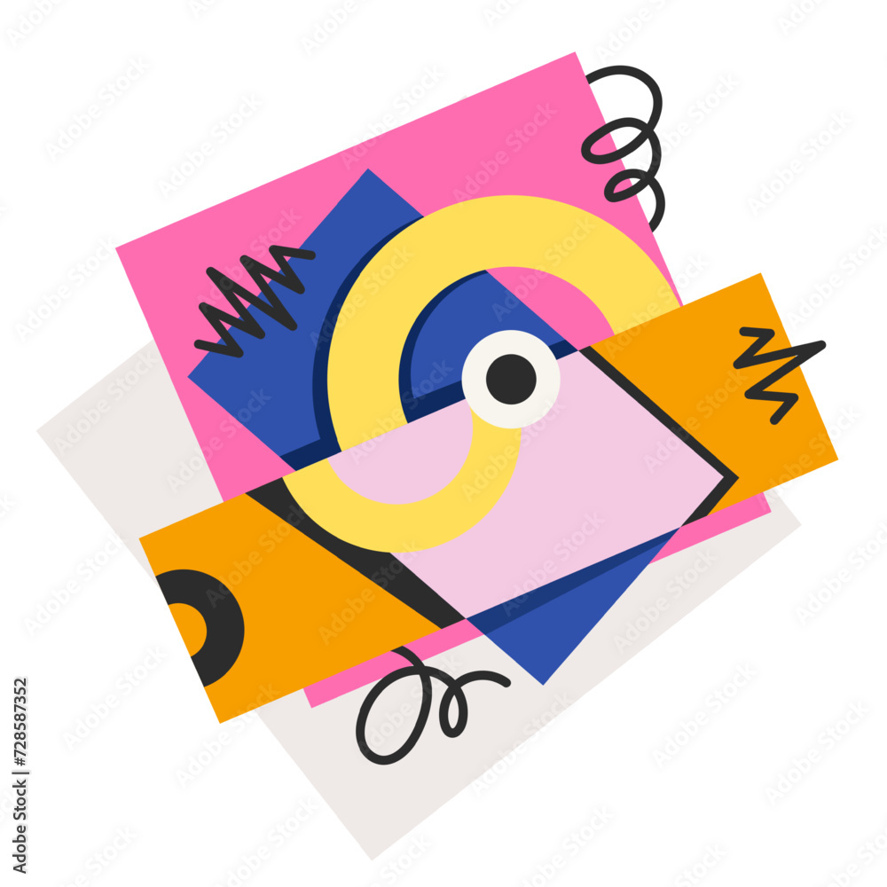 Groovy cartoon composition of geometric psychedelic shapes. Funny retro doodle fun geometry collage, cartoon rectangles with black zigzag and spiral lines patterns and shapes vector illustration Groovy cartoon composition of geometric psychedelic shapes. Funny retro doodle fun geometry collage, cartoon rectangles with black zigzag and spiral lines patterns and shapes vector illustration