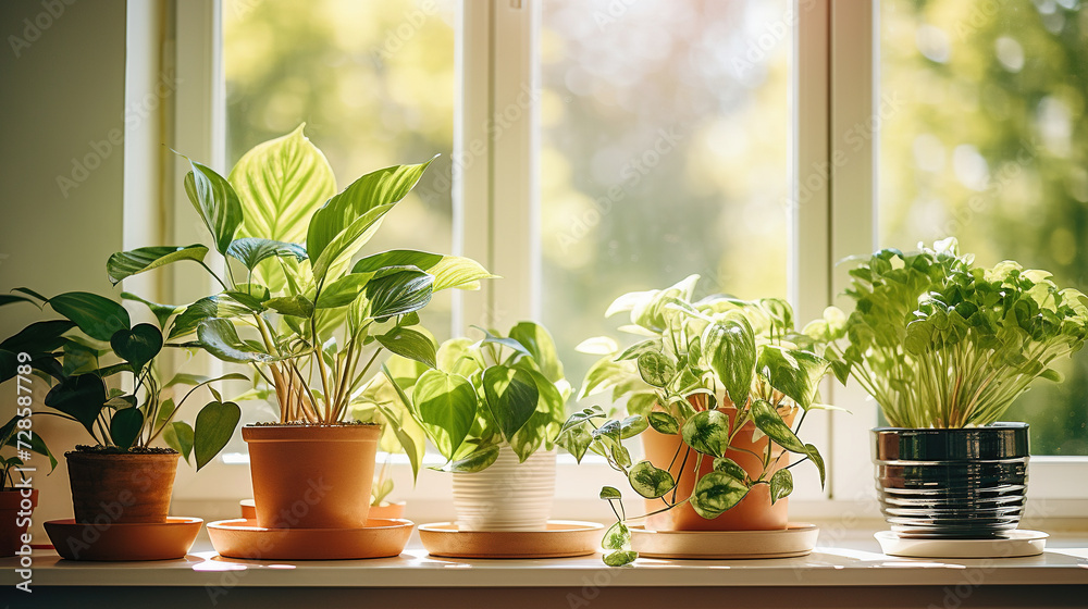 Potted houseplants with green leaves on window sill Potted houseplants with green leaves on window sill