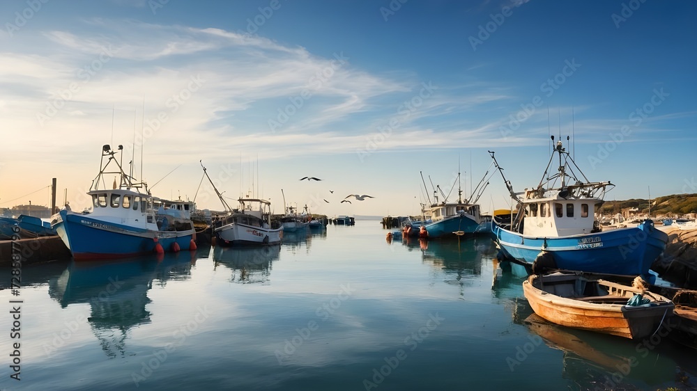 Fishing boats anchored at harbor in the morning and seagulls with a blue sky as a background. No people. AI Generative
