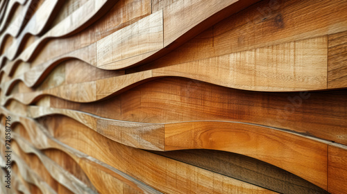 Abstract Sculptural Wooden Wall Cladding with Natural Finish. Wavy Wood Cladding. Carpentry Wall Surface Structure Design Texture, Glossy Finish. Original Wooden Texture Background photo