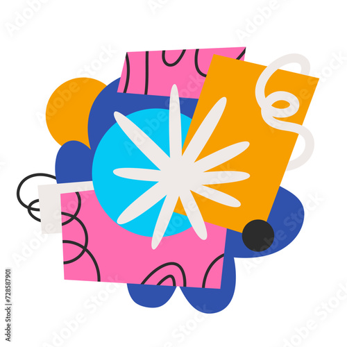 Groovy cartoon composition of geometric shapes, flower and spiral lines. Funny retro doodle collage with twisting elements, cartoon simple shapes, contemporary funky geometry vector illustration