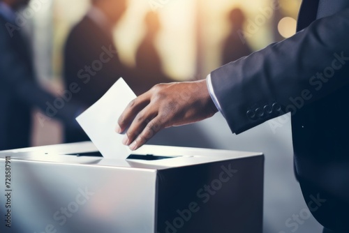 Close-up of African American man's hand placing vote in a ballot box, the power of a single vote photo