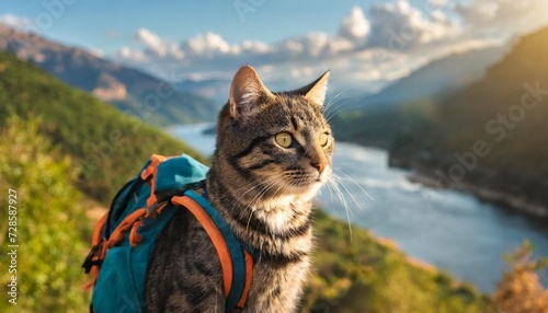 close up of cat hiker with backpack enjoying adventures in background of beautiful river and landscape animal concept of trekking and travel © Patti