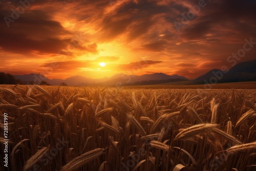 Sunset Over a Wheat Field With Mountains in the Background © Yana