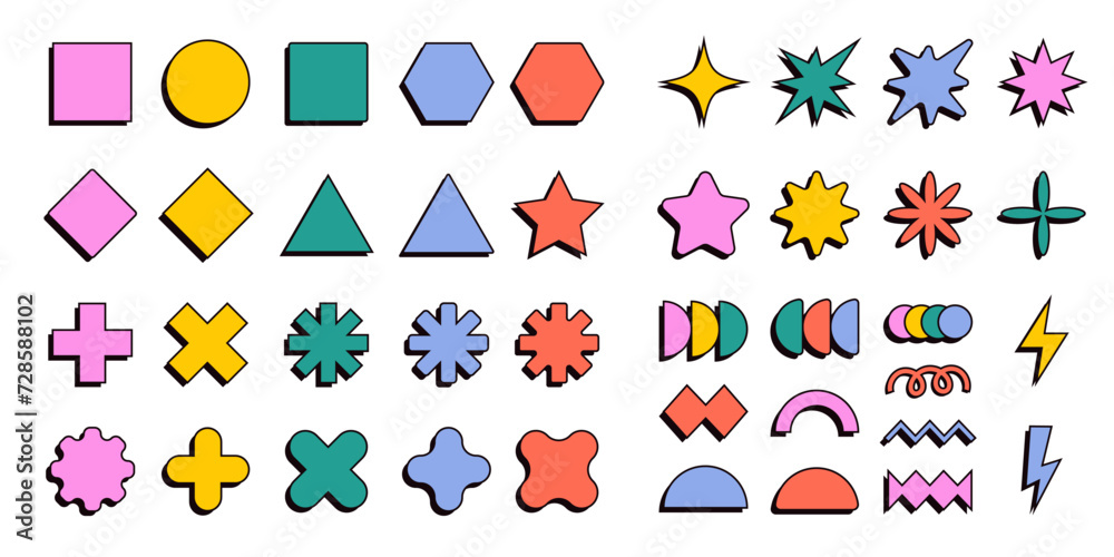 Trendy retro style neobrutalism geometric figures. Vector illustration elements for UI UX design. Brutalist shapes with editable stroke in modern colors. Trendy retro style neobrutalism geometric figures. Vector illustration elements for UI UX design. Brutalist shapes with editable stroke in modern colors.