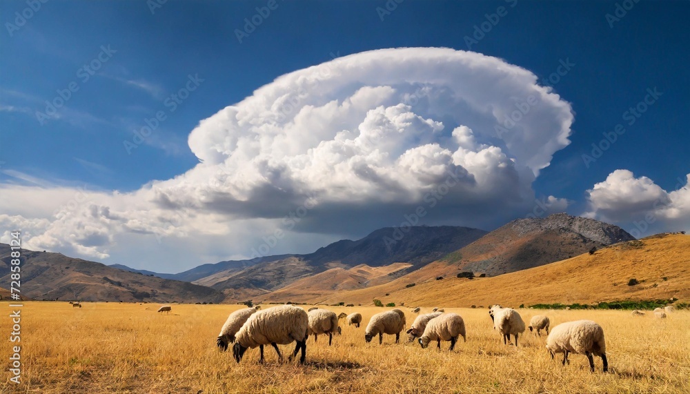 Fototapeta premium sheep grazing in dry season under a big cloud