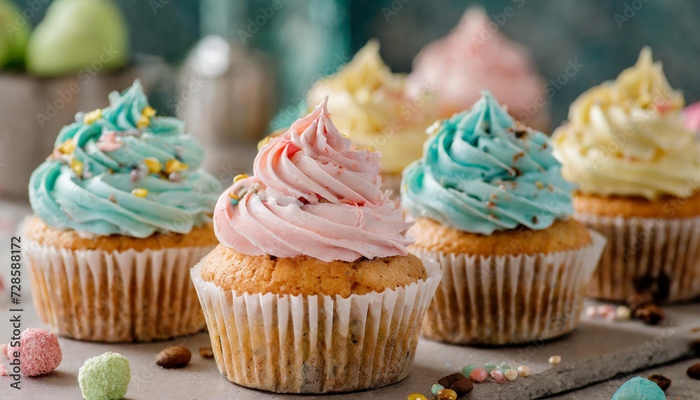 pastel colored cupcakes on a table pastel colored cupcakes on a table