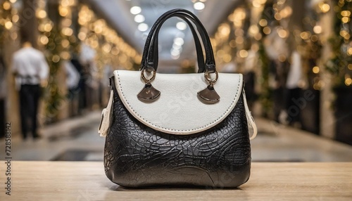 mulhouse france 24 december 2023 closeup of black and white leather hand bag in a luxury fashion tote showroom