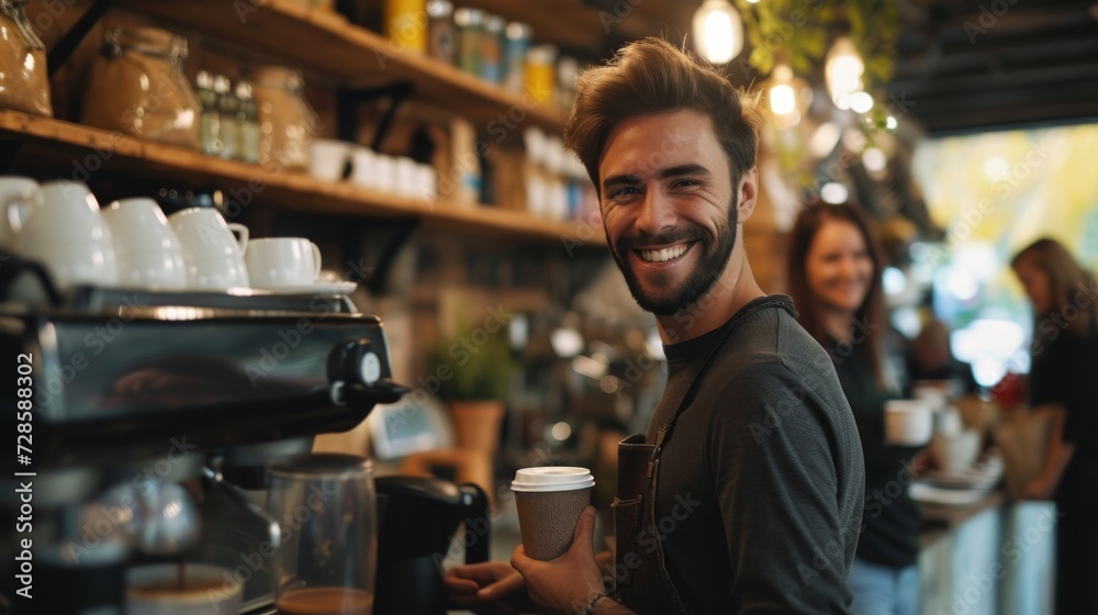 Man Smiling While Holding a Cup of Coffee