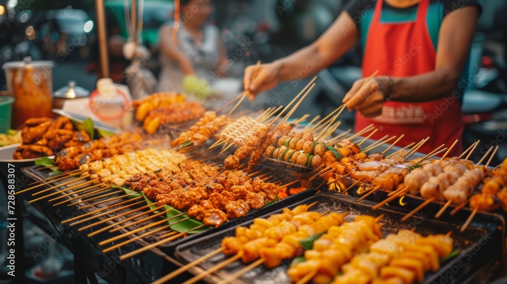 Person Cooking Food on a Grill With Skewers