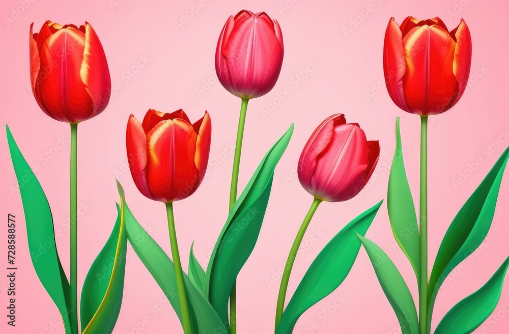Red tulips on pink background. Mothers day, Valentines Day, Birthday
