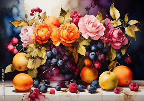 Vibrant Autumn Harvest: Fresh and Healthy Fruits in a Still Life Arrangement - Apple, Orange, Grapes, Pineapple, Kiwi, Pear, Banana, Strawberry, Lemon, and More on a White Background