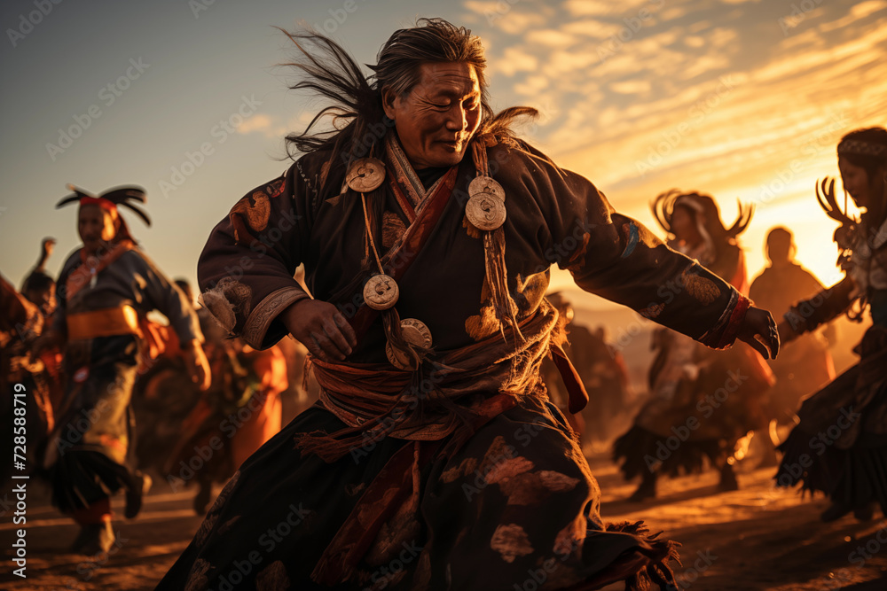 Tsam dance. A Mongolian performer in traditional attire dances the Tsam, a spiritual and expressive ritual, at sunset with others in the background. Tsam dance. A Mongolian performer in traditional attire dances the Tsam, a spiritual and expressive ritual, at sunset with others in the background.