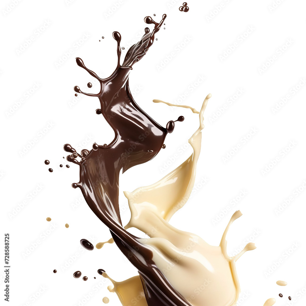 Fototapeta premium chocolate and vanilla swirl falling, abstract mockup splash of both milk shake, isolated on white background