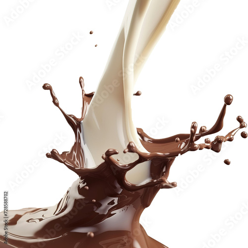 chocolate and vanilla swirl falling, abstract mockup splash of both milk shake, isolated on white background