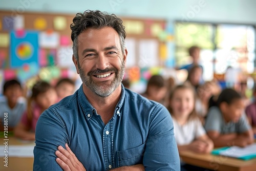Portrait of smiling male teacher in a class at elementary school looking at camera with learning students on background  Generative AI