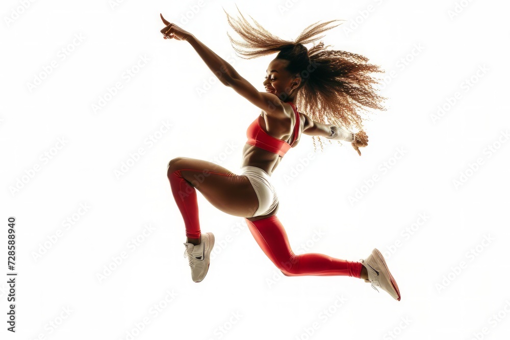 Woman in Red and White Outfit Jumping in the Air