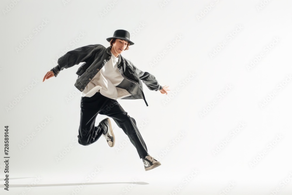 Man in Suit and Hat Jumping in the Air