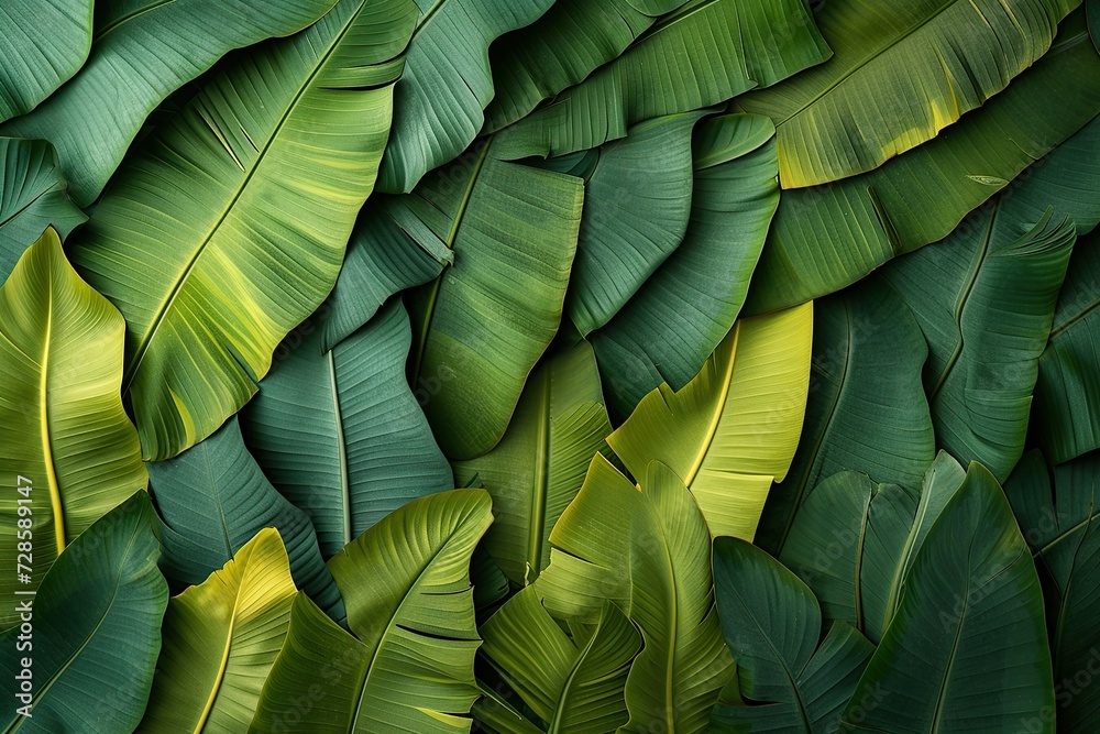 Obraz premium Abstract Leaf Symphony: Artistic Collage of Banana Leaves, Pushing Boundaries with Composition, Layering, and Innovative Arrangements