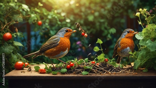 two birds on the table full of small fruit photo