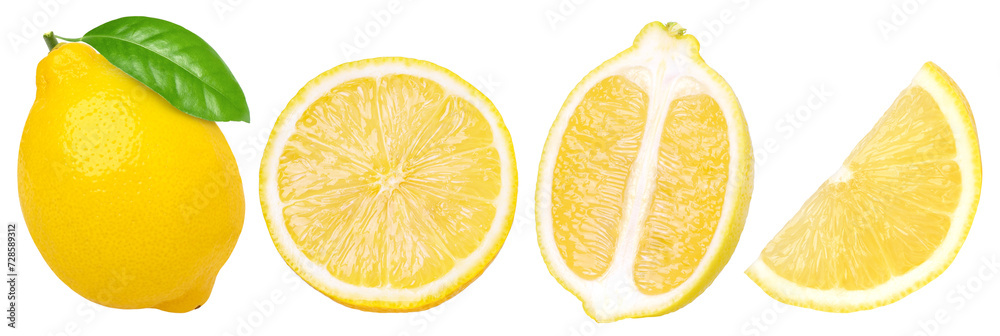 lemon fruit with leaves, slice, and half isolated, Fresh and Juicy Lemon, transparent PNG, PNG format, cut out.
