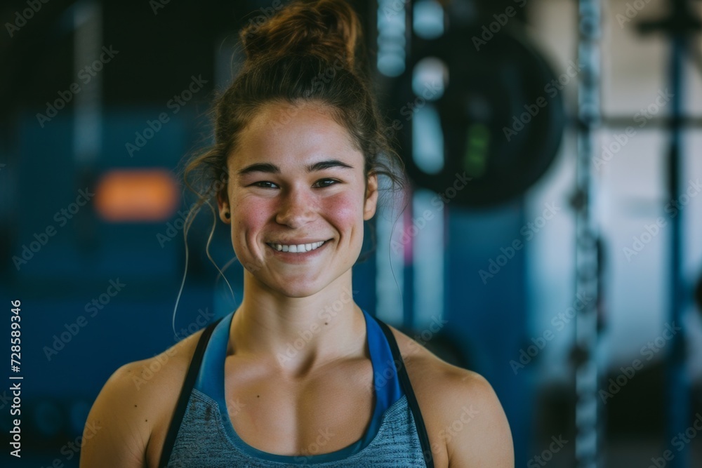 Smiling Woman in Gym With Barbell