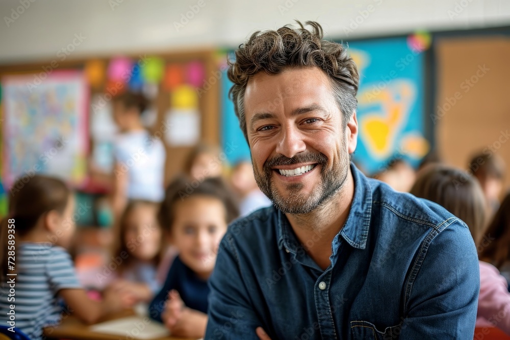 Portrait of smiling male teacher in a class at elementary school looking at camera with learning students on background, Generative AI Portrait of smiling male teacher in a class at elementary school looking at camera with learning students on background, Generative AI