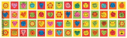 Cartoon red heart characters with funny faces emoticon. Valentine day symbol. Cute romantic hearts with eyes for logo or sticker vector set.