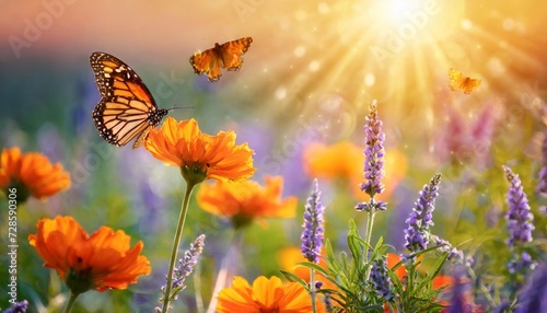 art beautiful summer sunset background with blooming wild lovanda flowers and flying butterflies in a sunny meadow © Patti
