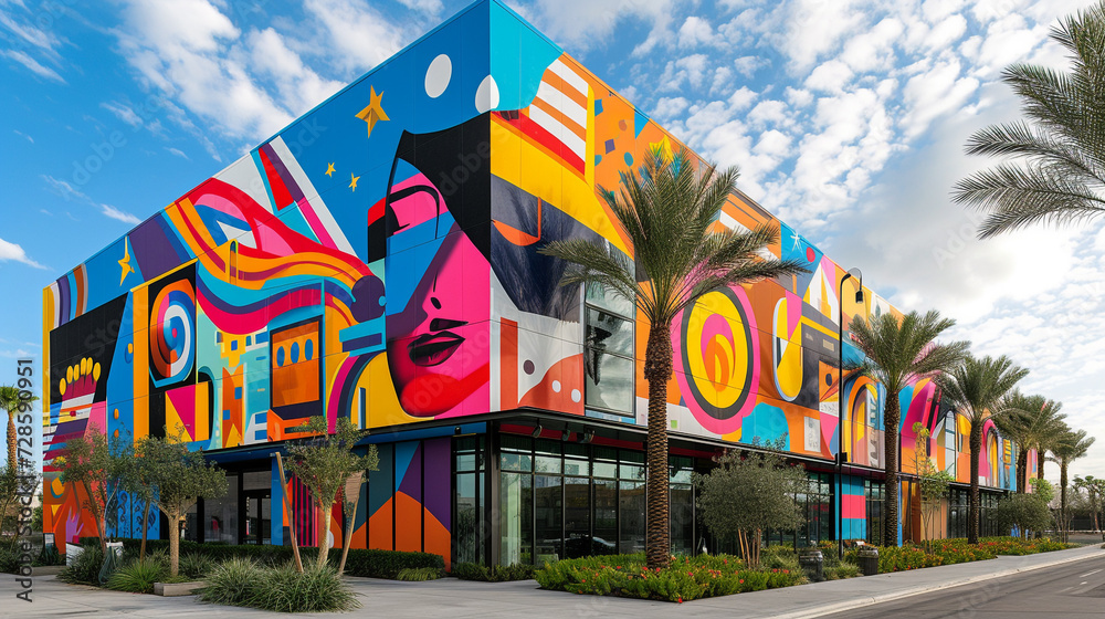 An exterior with a bold color statement and graphic murals, creating a vibrant facade that hints at the eclectic modern art decor inside.