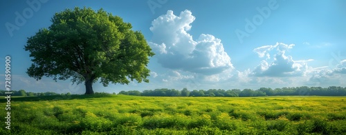 a big green leafy tree with blue sky and cloudy background, nature environment concept. peaceful. copy space. mockup.