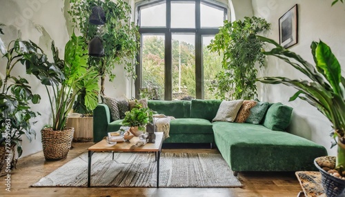 living room with many green plants and green comfortable sofa and lots of pillows
