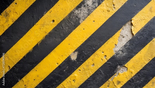 warning sign yellow and black stripes painted over concrete wall coarse facade with holes and imperfections as texture background empty space concept for do not enter the area caution danger