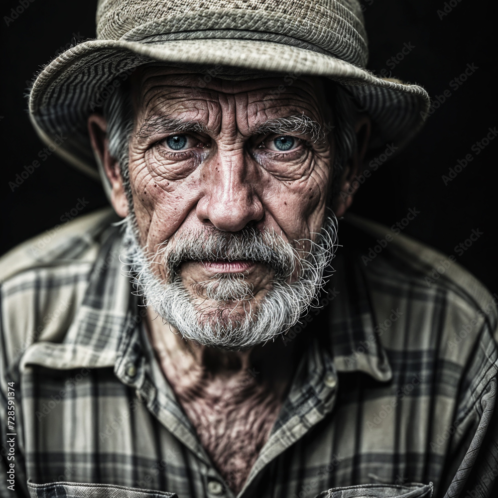 Portrait of an old grandfather with a gray beard and mustache, wearing a checkered shirt and hat. Portrait of an old grandfather with a gray beard and mustache, wearing a checkered shirt and hat.