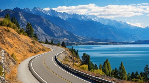 Mountains lake highway with beautiful views