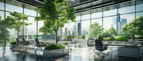 Glass office and working space, Eco-friendly featuring sustainable building with green environment and trees, green environment in city, Generative AI