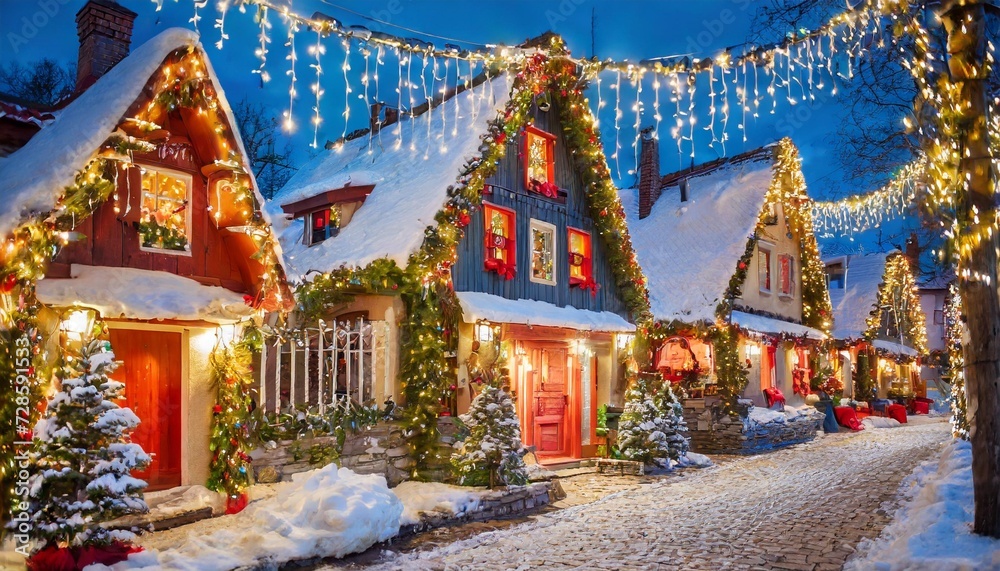 traditional houses decorated with christmas garlands and lights