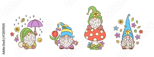 Spring gnomes fun characters. Cute Scandinavian elf funny gnome vector. Springtime fun whimsical fairy core hand drawn illustration. Adorable gnomes with spring flowers, tulip, umbrella, toadstool.