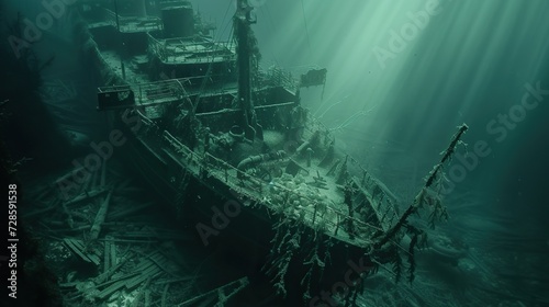 Dark Abyss: Serene Scene of a Sunken Shipwreck Resting Peacefully on the Ocean Floor