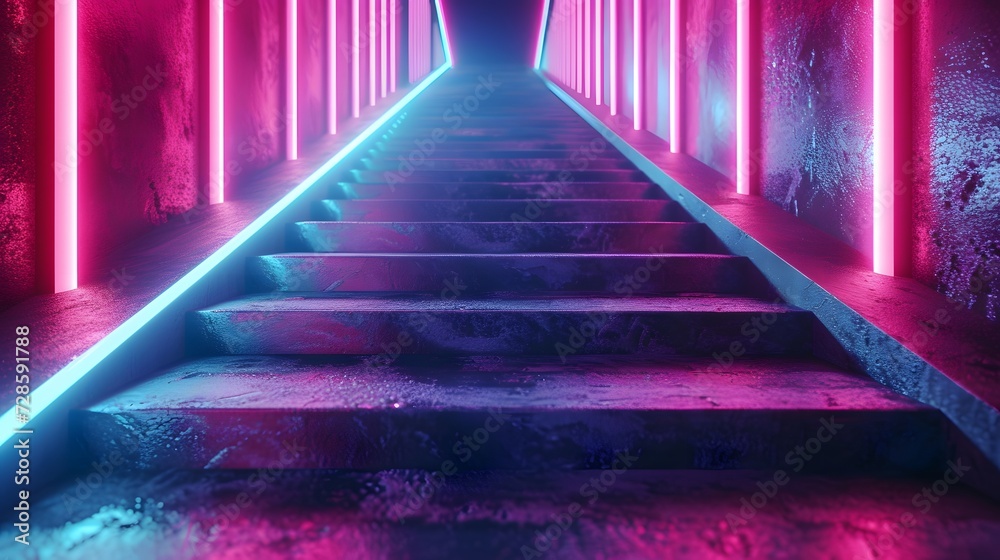 Square tunnel or corridor colorful neon glowing lights. Laser lines and LED technology create glow in dark room. copy space, wallpaper, mockup.