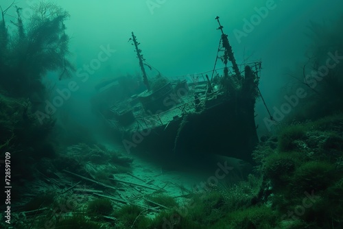 Tranquil Abyss: Sunken Shipwreck Rests in Oceanic Graveyard, with a Dark, Yet Calm and Peaceful Backdrop © Irfanan