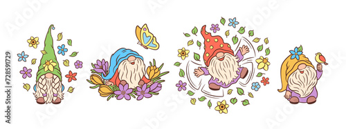 Cute spring gnomes in blooming flowers, with bird, butterfly. Springtime gnome fun characters. Whimsical Scandinavian elf funny vector. Springtime fun fairy core cottage core hand drawn illustration.