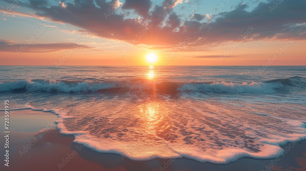 A romantic beach sunset, where waves meet the shore, reflecting the harmony of love