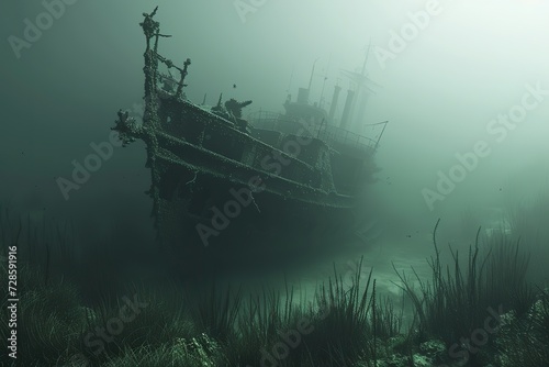 Misty Mirage: Sunken Ship Fading Away into Hazy Waters, Infused with a Dimly Lit and Mysterious Aura © Irfanan