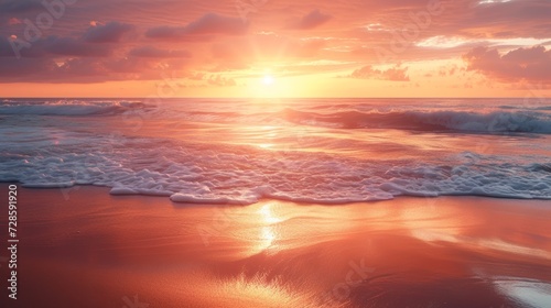 A romantic beach sunset, where waves meet the shore, reflecting the harmony of love