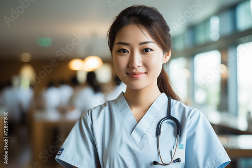 Asian Nurse. A professional Asian nurse smiling confidently, wearing a stethoscope and a light blue scrub, in a bright hospital corridor.